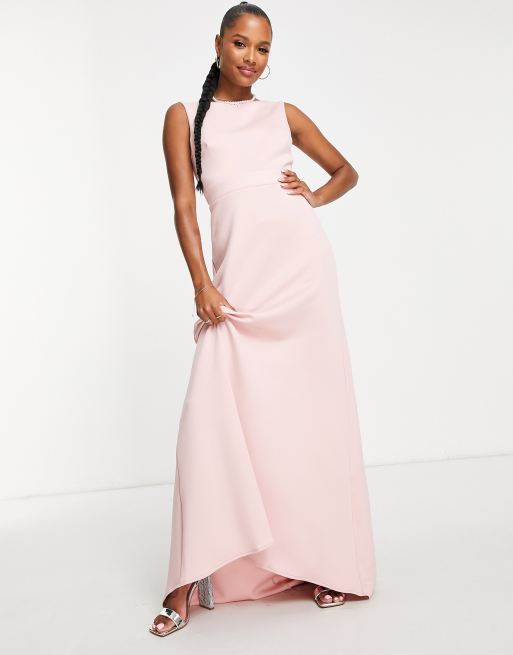 TFNC Petite Bridesmaid bow back maxi dress in muted blush