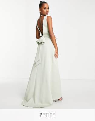 TFNC Petite TFNC Petite Bridesmaid bow back maxi dress in sage green