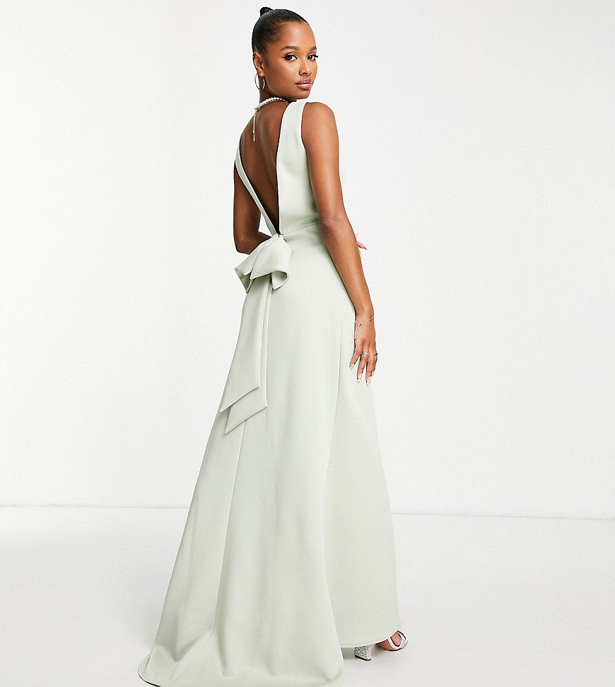 TFNC Petite Bridesmaid bow back maxi dress in sage green