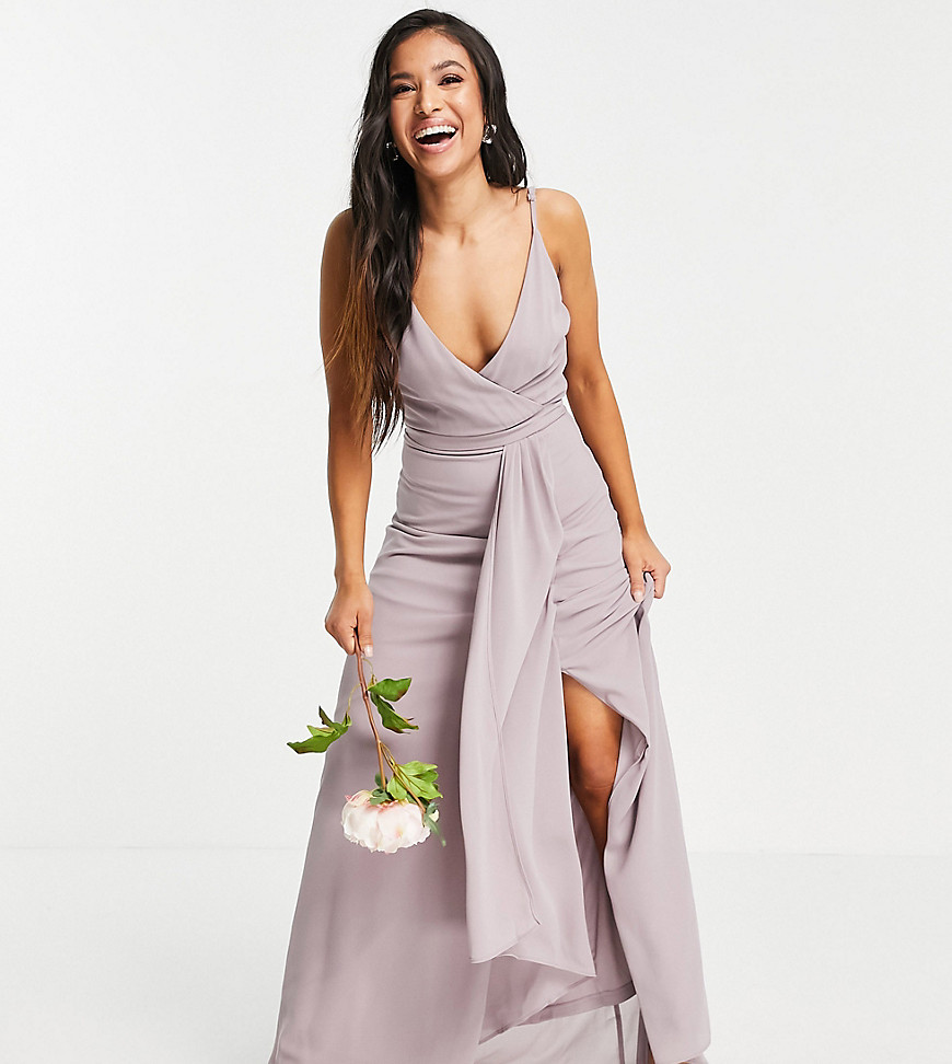 TFNC Petite Bridesmaid cami wrap maxi dress with fishtail in light gray-Grey