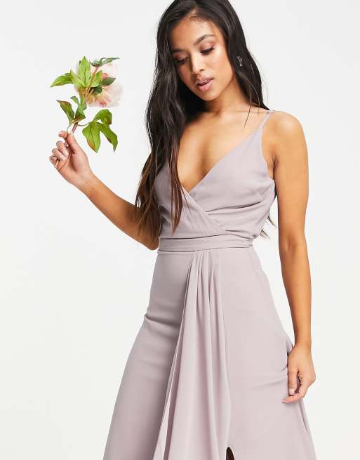 TFNC Petite Bridesmaid cami wrap maxi dress with fishtail in light grey, 3 of 4
