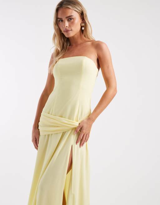 TFNC Petite Bridesmaid chiffon bandeau twist detail thigh slit maxi dress  in lemon | ASOS