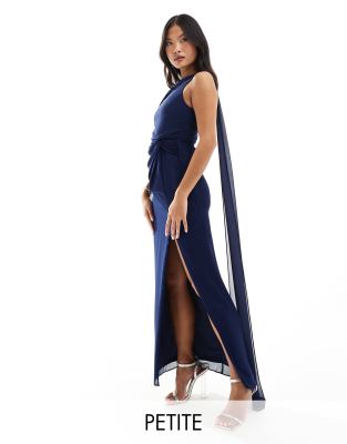 TFNC Petite Bridesmaid chiffon fallen shoulder maxi dress with drape detail in navy-Blue