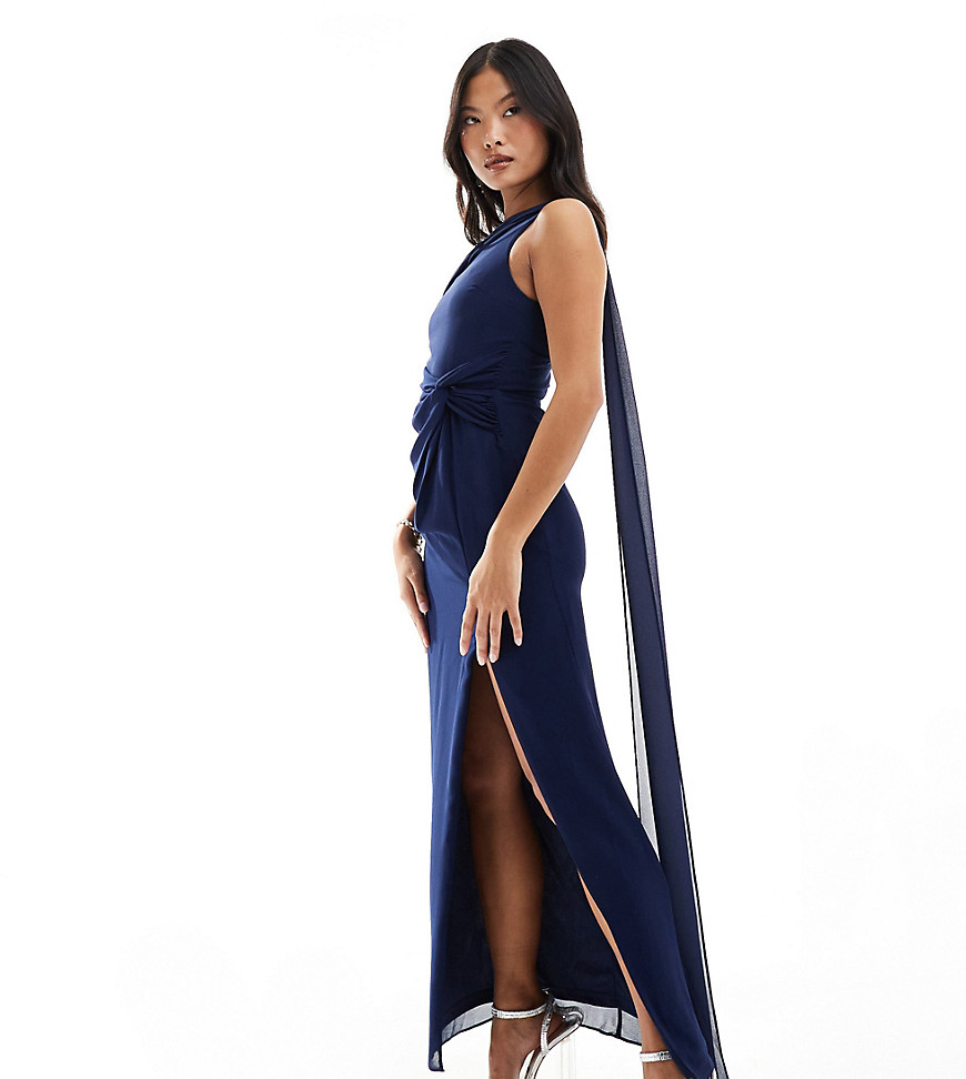 TFNC Petite Bridesmaid chiffon fallen shoulder maxi dress with drape detail in navy-Blue