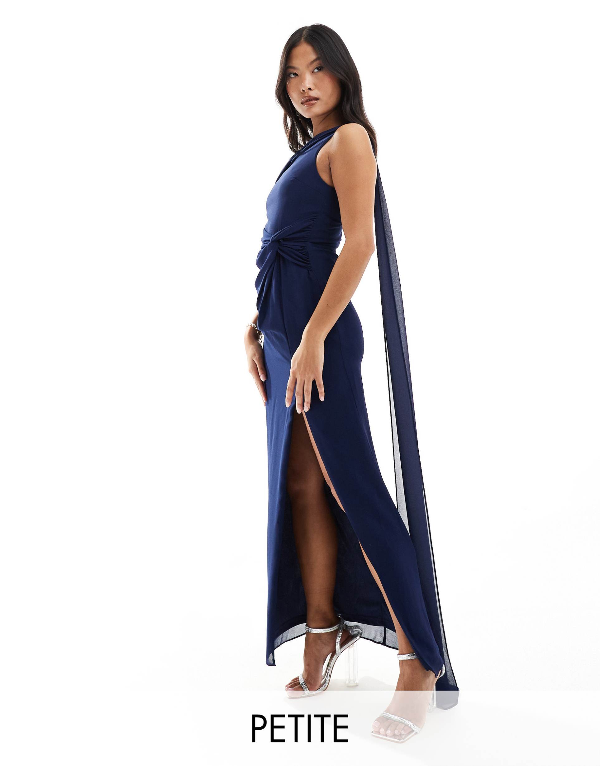 tfnc petite bridesmaid chiffon fallen shoulder maxi dress with drape detail in navy