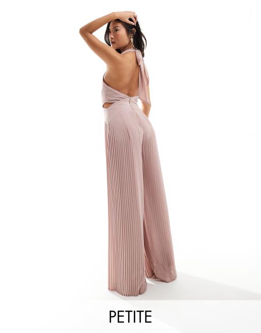 TFNC Petite Bridesmaid chiffon halter neck wide leg jumpsuit in soft pink