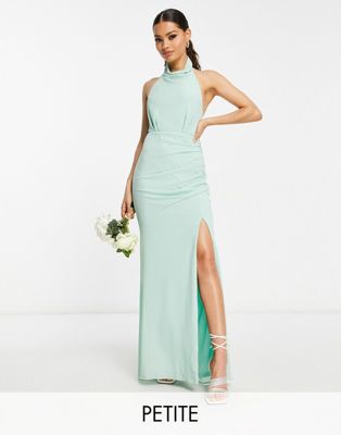 TFNC Petite Bridesmaid chiffon high neck maxi dress with tie back in fresh sage-Green