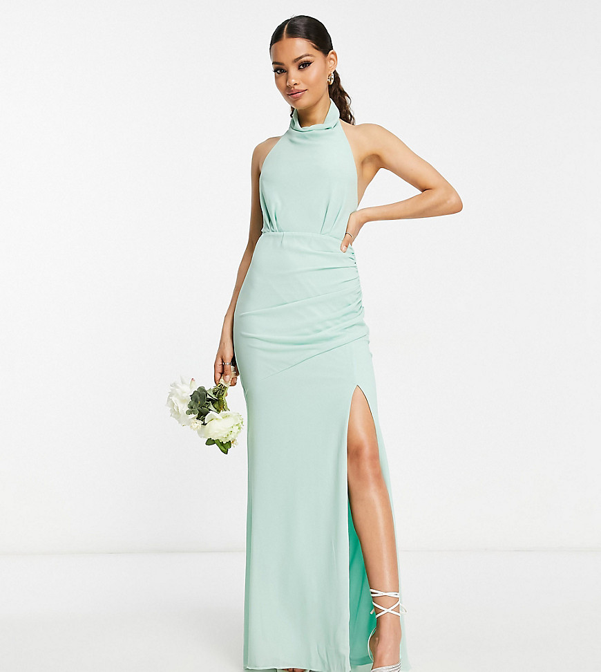 TFNC Petite Bridesmaid chiffon high neck maxi dress with tie back in fresh sage-Green