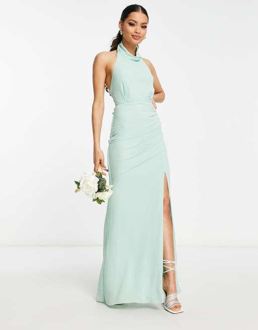 TFNC Petite Bridesmaid chiffon high neck maxi dress with tie back in fresh sage , 3 of 4
