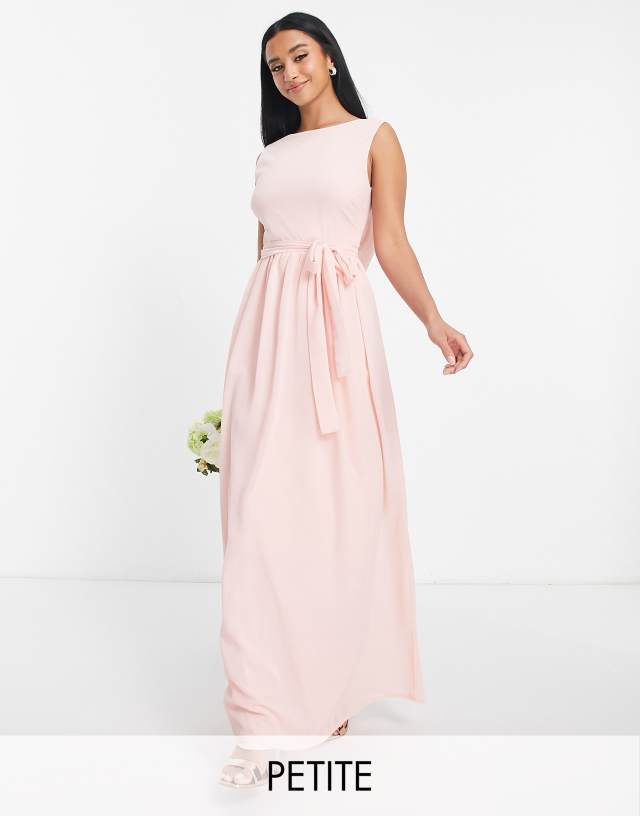 TFNC Petite Bridesmaid chiffon maxi dress with deep cowl back in whisper pink