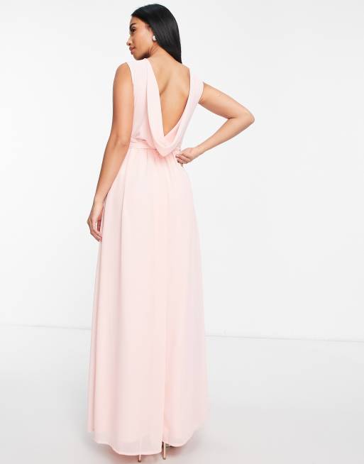 TFNC Petite Bridesmaid chiffon maxi dress with deep cowl back in whisper pink