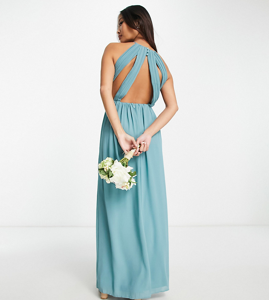 TFNC Petite Bridesmaid chiffon maxi dress with pleated front and open back detail in sea blue