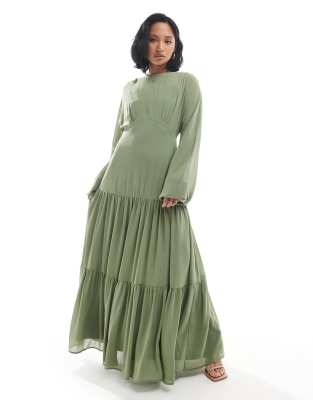 Bridesmaid chiffon maxi dress with tiered skirt in sage-Green