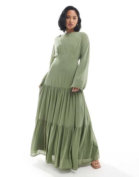 TFNC Petite Bridesmaid chiffon maxi dress with tiered skirt in sage - view 1