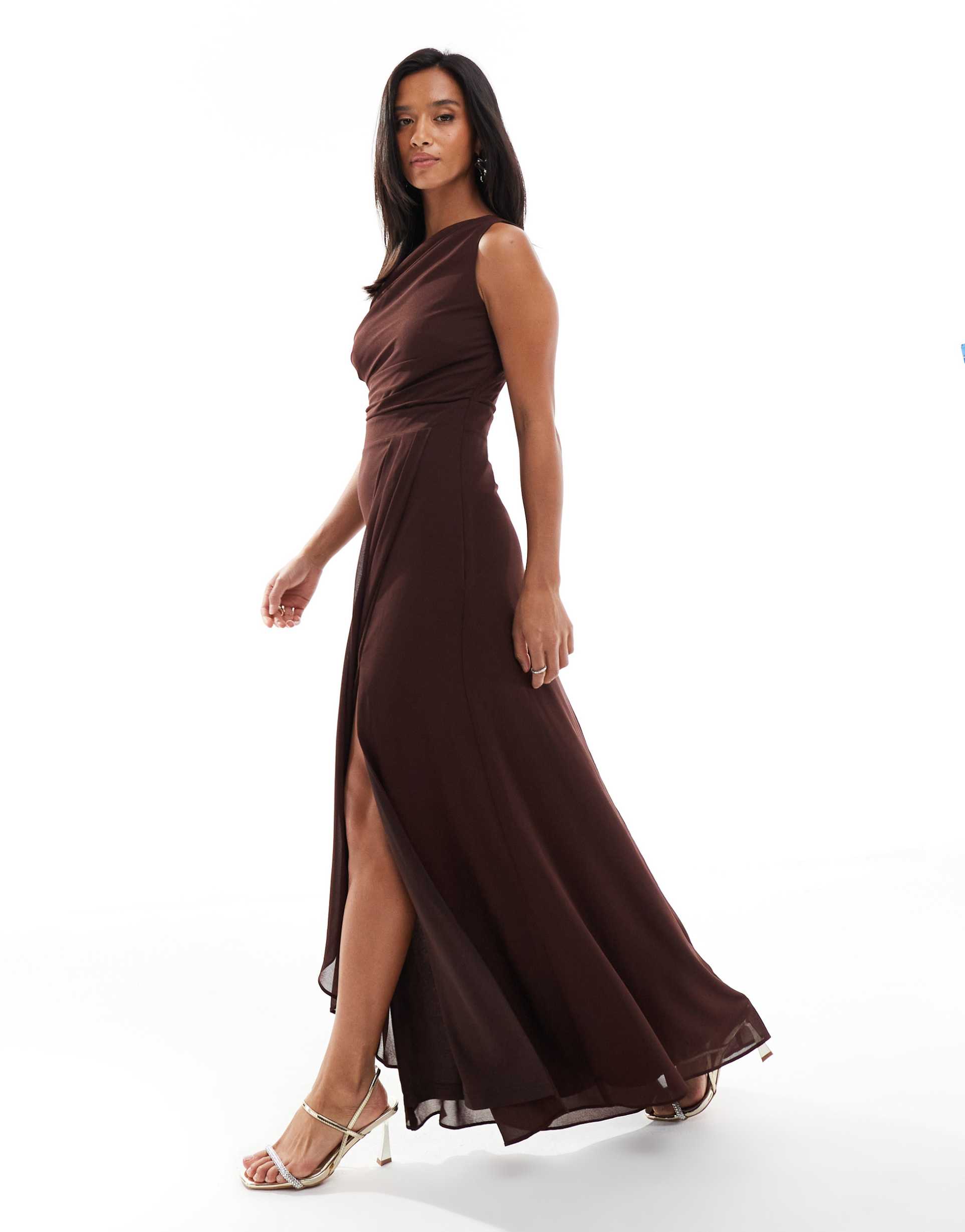 tfnc petite bridesmaid chiffon maxi dress with wrap skirt in chocolate