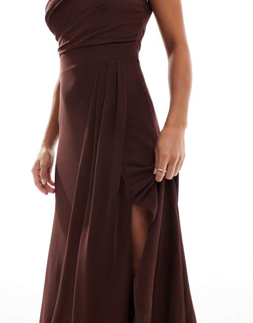 TFNC Petite Bridesmaid chiffon maxi dress with wrap skirt in chocolate