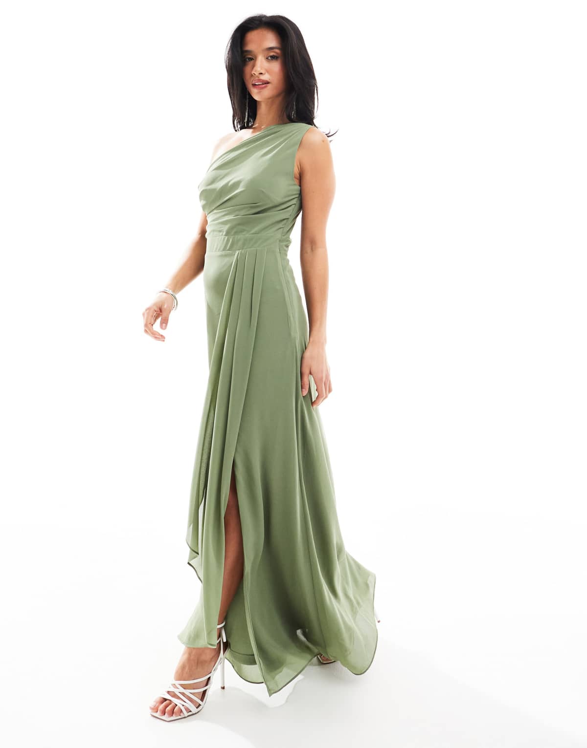 TFNC Petite Bridesmaid chiffon maxi dress with wrap skirt in dark green