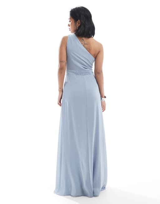 TFNC Petite Bridesmaid chiffon maxi dress with wrap skirt in dusty blue, 3 of 4