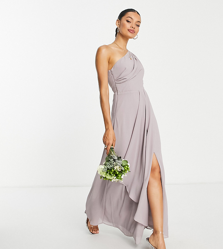 TFNC Petite Bridesmaid chiffon one shoulder drape maxi dress in lavender gray