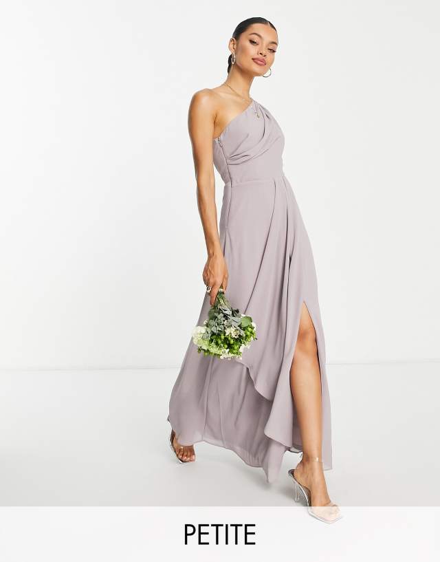 TFNC Petite Bridesmaid chiffon one shoulder drape maxi dress in lavender gray