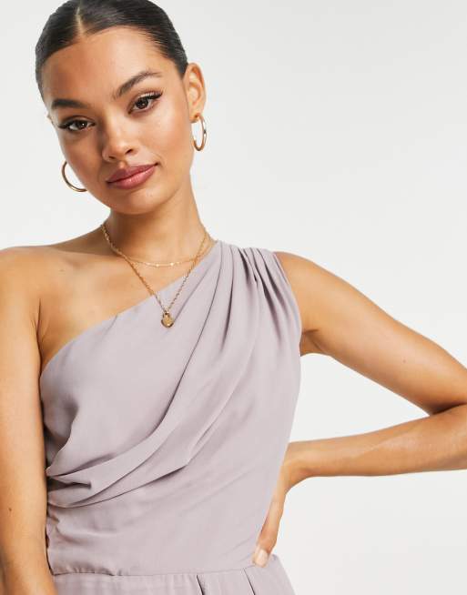 TFNC Petite Bridesmaid chiffon one shoulder drape maxi dress in lavender gray, 4 of 4