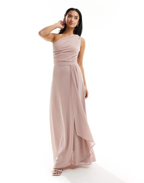 Strapless Overlay Bodice Crepe Maxi Bridesmaid Dress With Front Slit In  Powder Pink