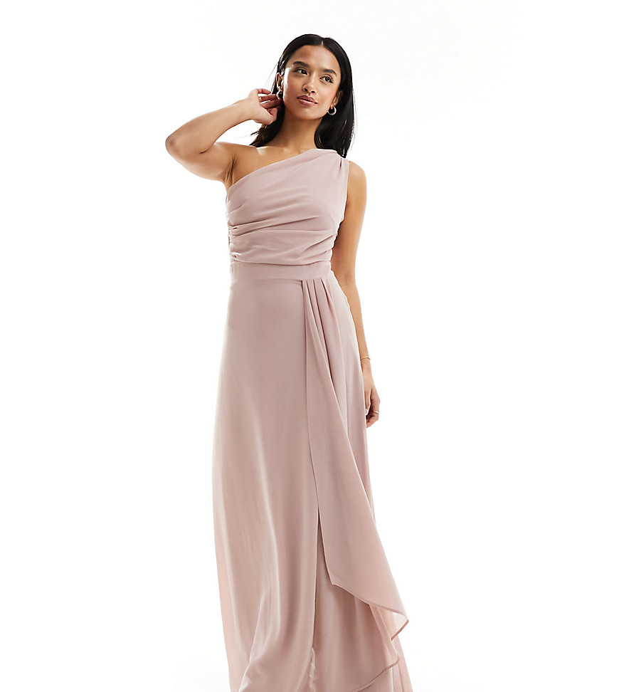 TFNC Petite Bridesmaid chiffon one shoulder drape maxi dress in soft pink