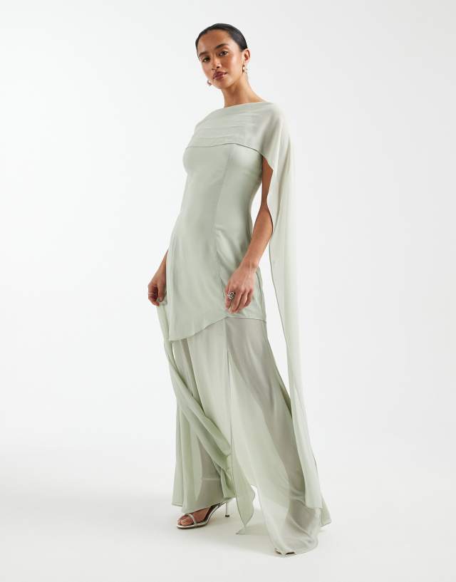 tfnc petite bridesmaid dresses chiffon sheer skirt scarf detail maxi dress in sage green Lace detail boho girl Secret Honey Enchanted Giselle Women's size:26