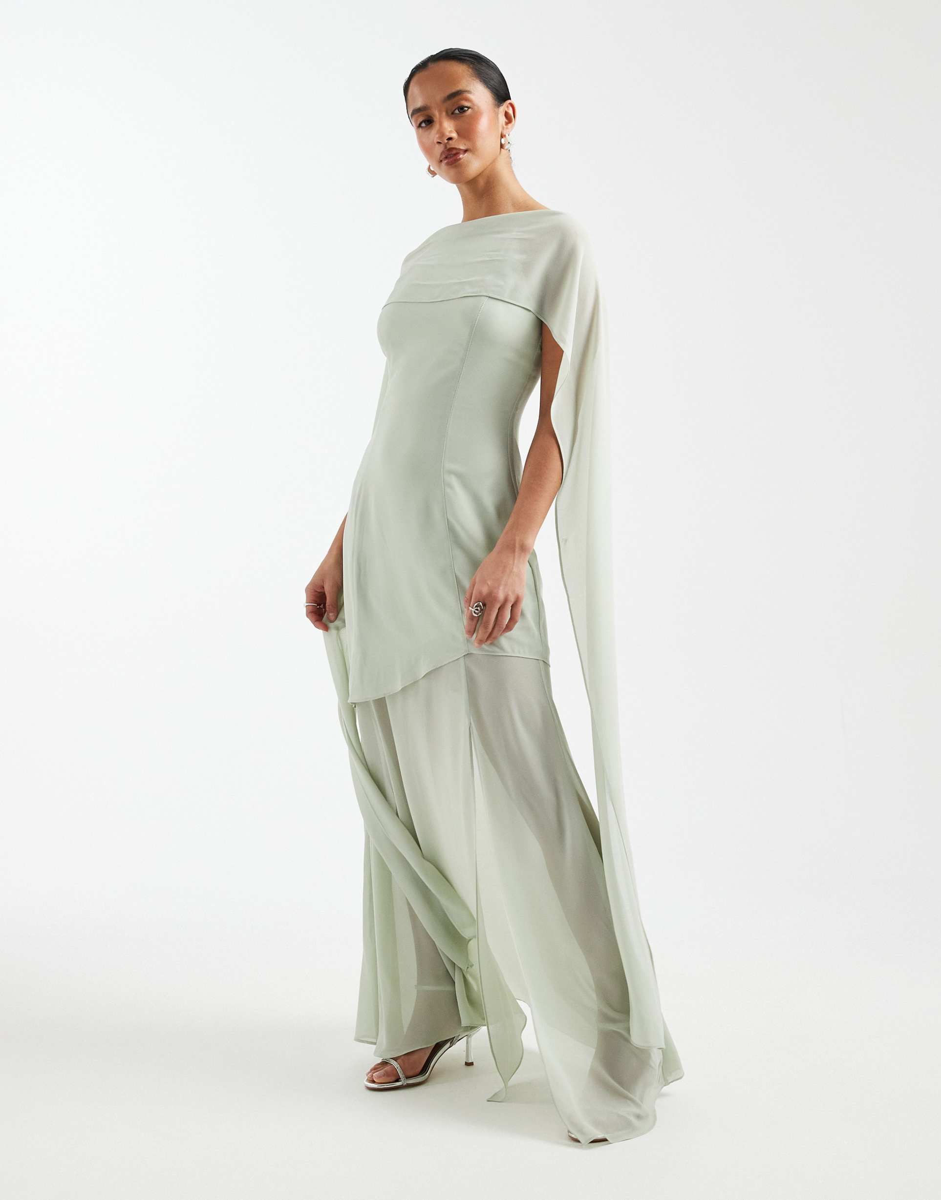 tfnc petite bridesmaid chiffon sheer skirt scarf detail maxi dress in sage green