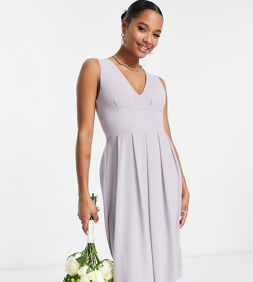 Tfnc Petite Bridesmaid Chiffon V-front Midi Dress With Pleated Skirt In Gray