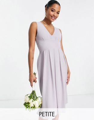 TFNC Petite Bridesmaid chiffon v front midi dress with pleated skirt in grey