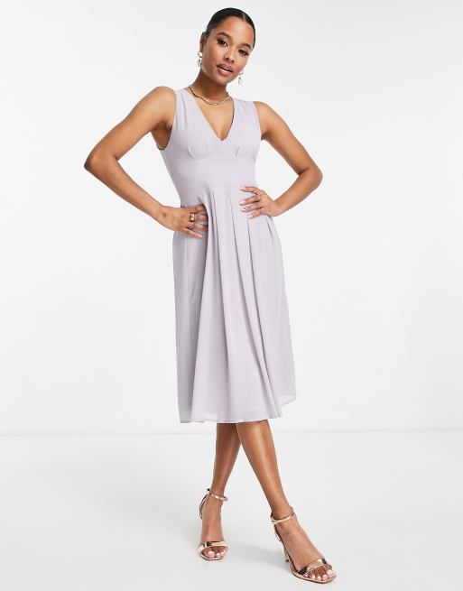 TFNC Petite Bridesmaid chiffon v front midi dress with pleated skirt in grey