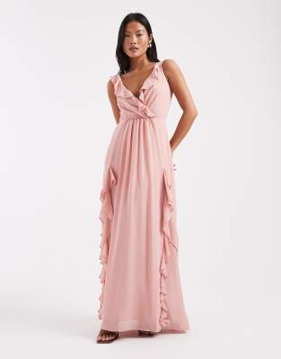 TFNC Petite Bridesmaid chiffon v neck ruffle maxi dress in pink