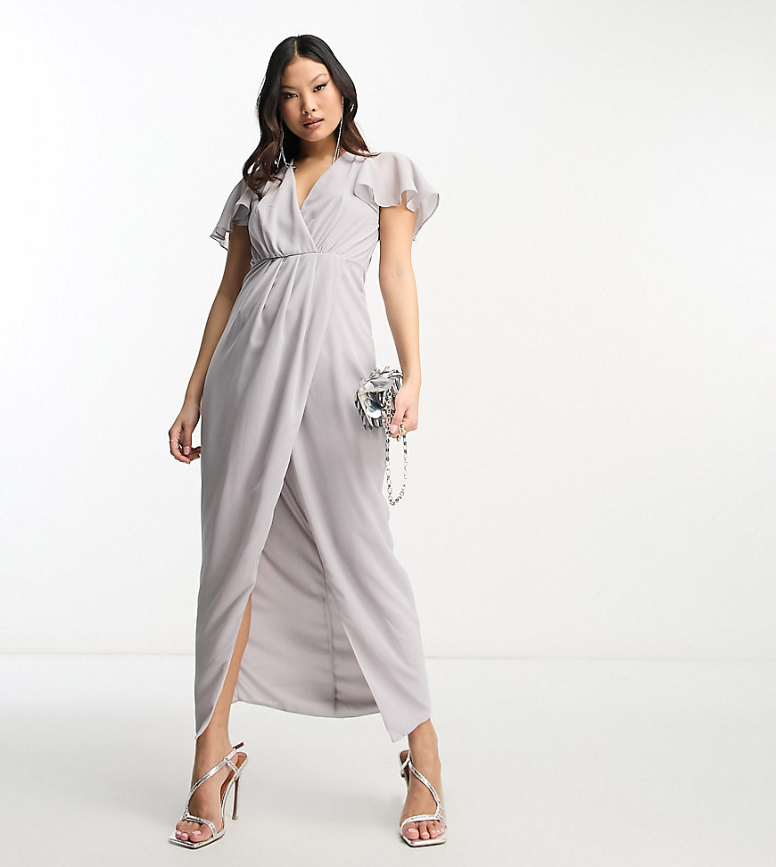TFNC Petite Bridesmaid chiffon wrap front maxi dress with flutter sleeve in grey