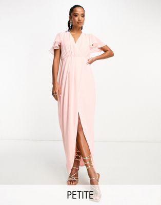 TFNC Petite Bridesmaid chiffon wrap front maxi dress with flutter sleeve in whisper pink - ASOS Price Checker