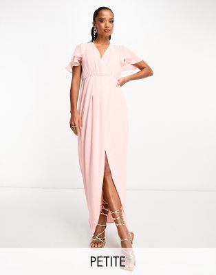 Tfnc Petite Bridesmaid Chiffon Wrap Front Maxi Dress With Flutter Sleeve In Whisper Pink