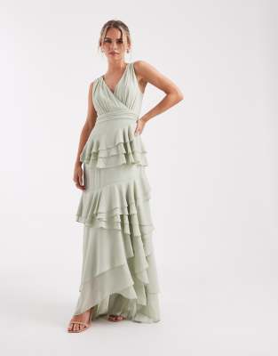 TFNC Petite Bridesmaid chiffon wrap front maxi dress with tiered ruffles in sage green