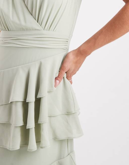 TFNC Petite Bridesmaid chiffon wrap front maxi dress with tiered ruffles in sage green, 2 of 4