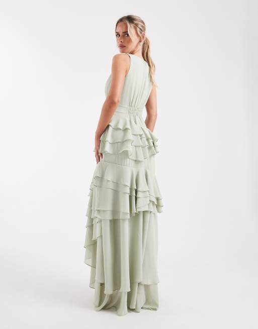 TFNC Petite Bridesmaid chiffon wrap front maxi dress with tiered ruffles in sage green, 3 of 4