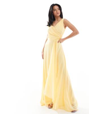 Bridesmaid chiffon wrap front maxi dress with wrap skirt in lemon-Yellow