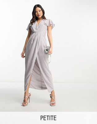 TFNC Petite Bridesmaid chiffon wrap front maxi dress with flutter sleeve in grey  - ASOS Price Checker