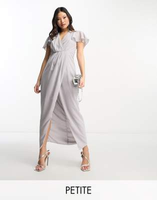 TFNC Petite Bridesmaid chiffon wrap front maxi dress with flutter sleeve in grey  - ASOS Price Checker