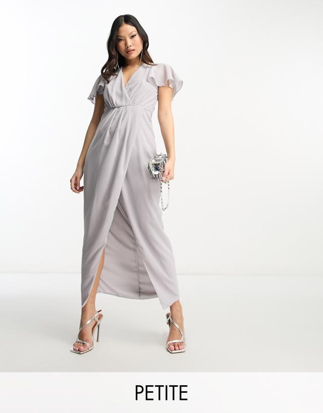 TFNC Petite Bridesmaid chiffon wrap front midi dress with flutter sleeve in gray