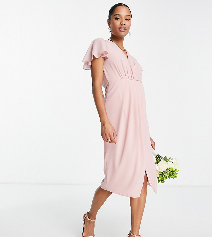 TFNC Petite Bridesmaid chiffon wrap front midi dress with flutter sleeves in mauve-Pink