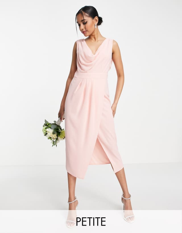 TFNC Petite Bridesmaid chiffon wrap midi dress with cowl neck front and back in whisper pink