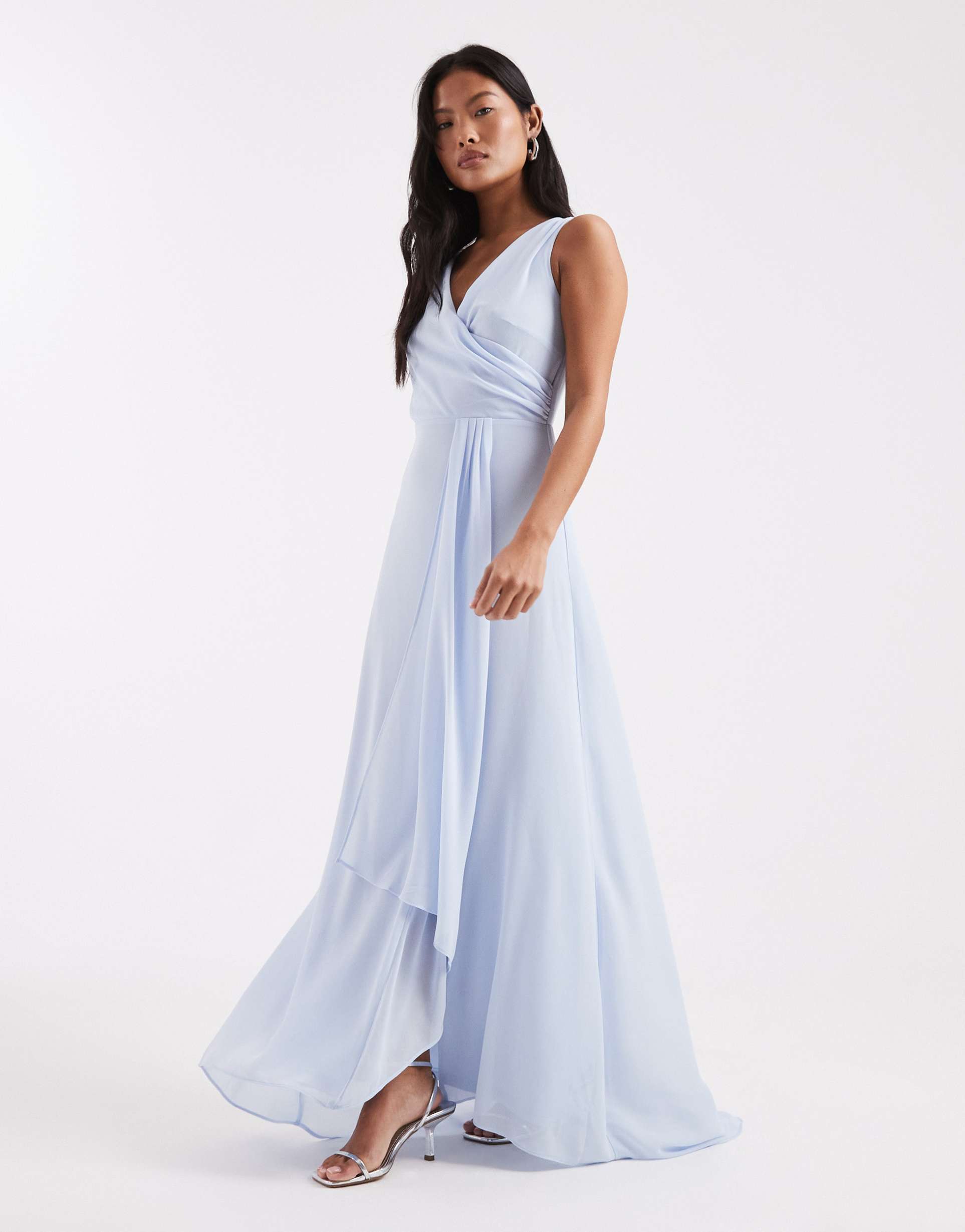 tfnc petite bridesmaid chiffon wrap top draped maxi dress in blue