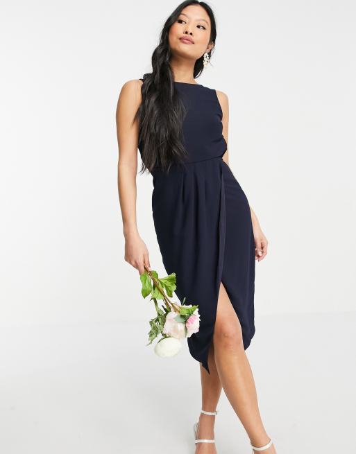 TFNC Petite bridesmaid cowl back midi dress with split in navy, 4 of 4