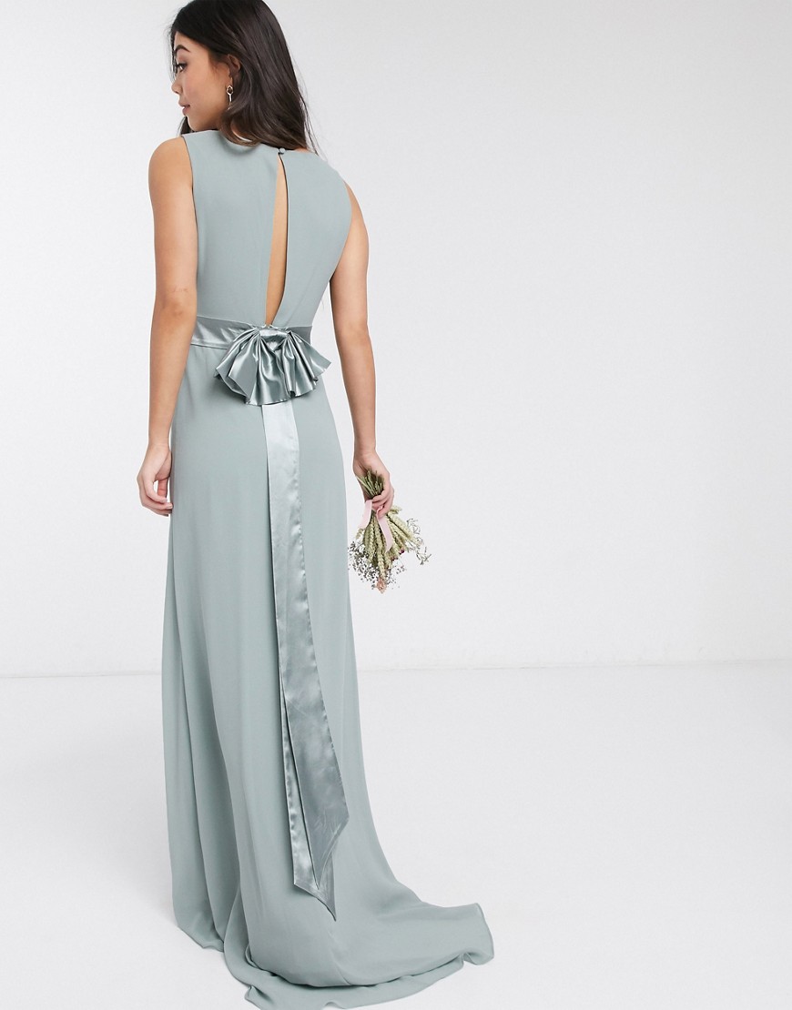 Alternative product photo of Tfnc petite bridesmaid cowl neck bow back maxi dress in sage - green