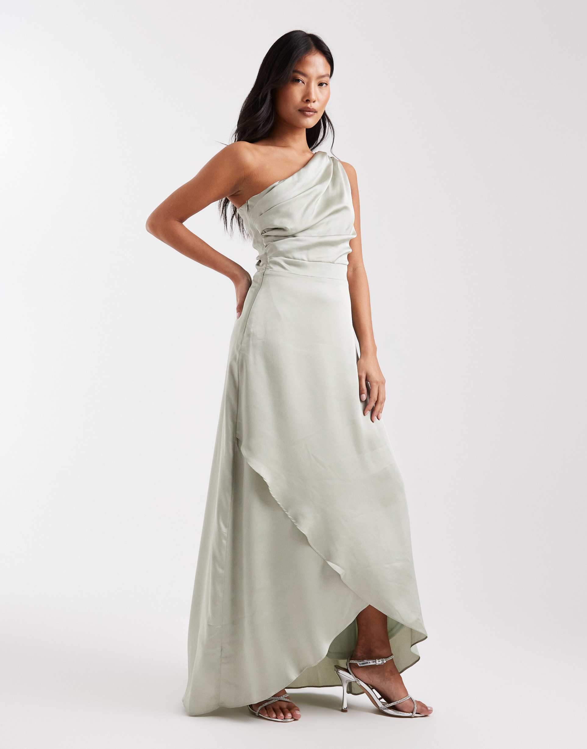 tfnc petite bridesmaid delali satin one shoulder wrap skirt maxi dress in sage green
