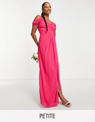 TFNC Petite Bridesmaid drape shoulder wrap dress in fuchsia pink - ASOS Price Checker